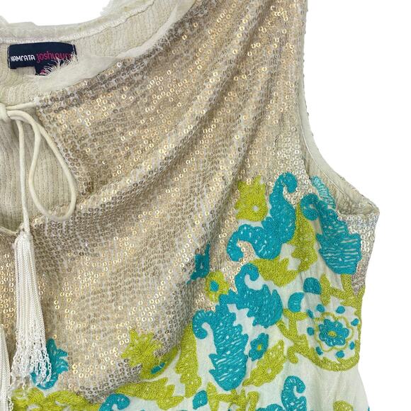 NAMRATA JOSHIPURA Floral Embroidered Silk Blouse Teal Gold Sequins Tassels Sz M - Picture 6 of 11